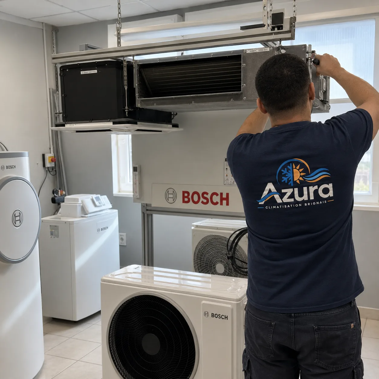Frigoriste AZURA au travail sur une unité gainable à Brignais