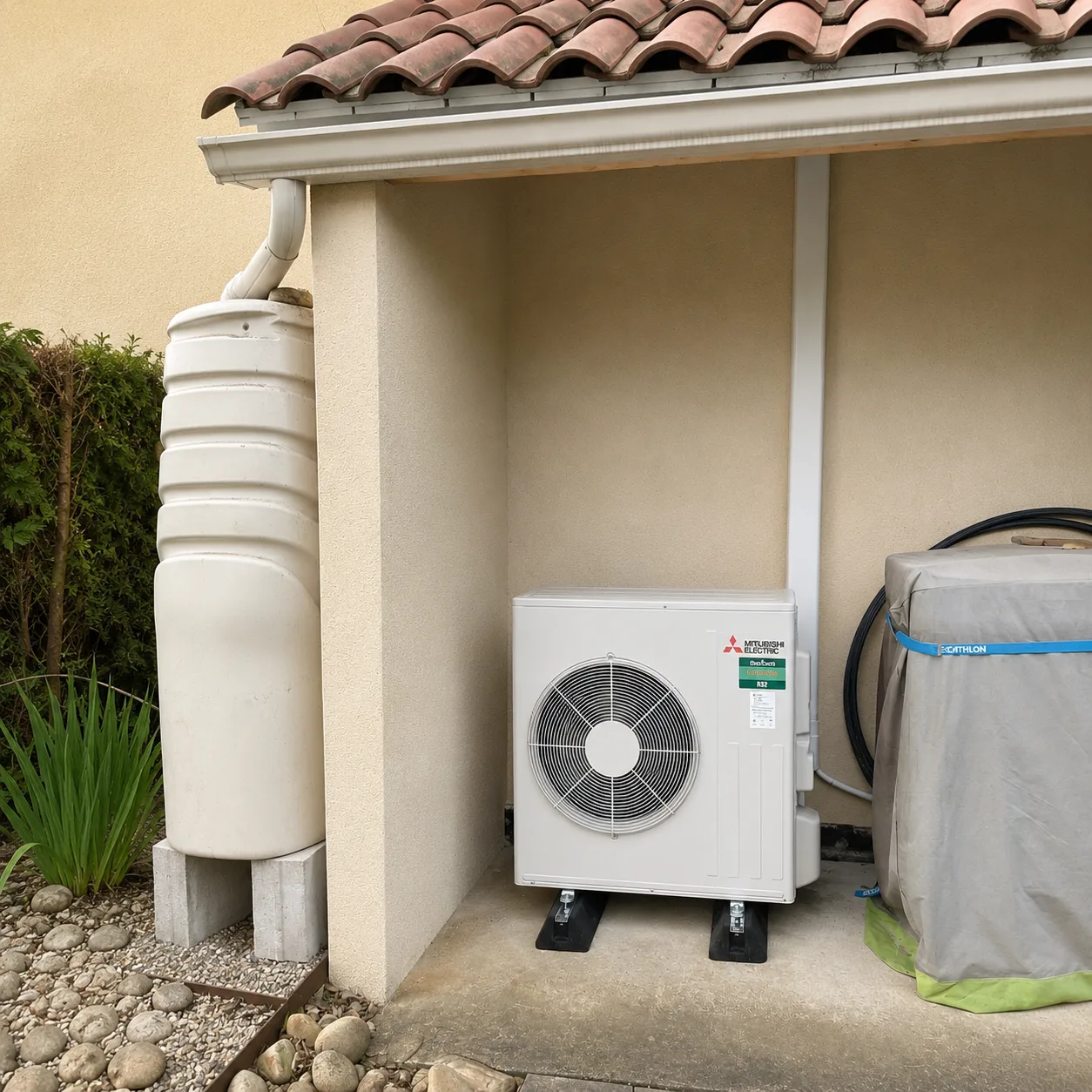 Groupe extérieur de climatisation posé sous un auvent à Brignais